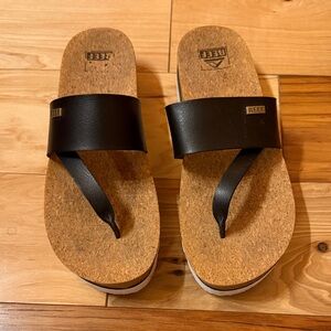 Reef - Sol Hi Wedge Black Cork Slide Sandals with Toe Post